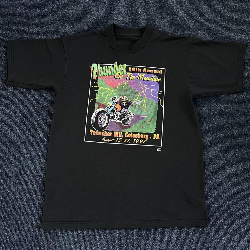 Vintage 1997 Thunder On The Mountain Shirt Mens Medium Black Motorcycle T-Shirt